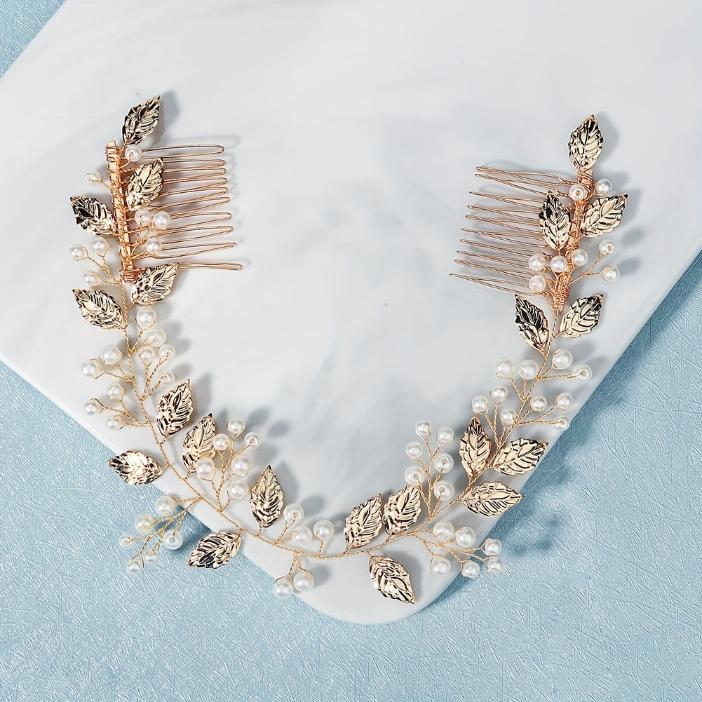 Faux Pearl & Leaf Hair Comb Bridal Wedding Headwear