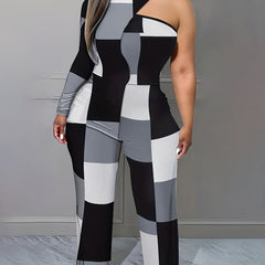 Plus Size Colorblock Grid Print One Shoulder Jumpsuit
