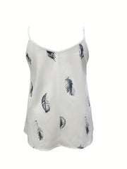 Casual Tank Top Women's Plus Feather Print V Neck Non Stretch