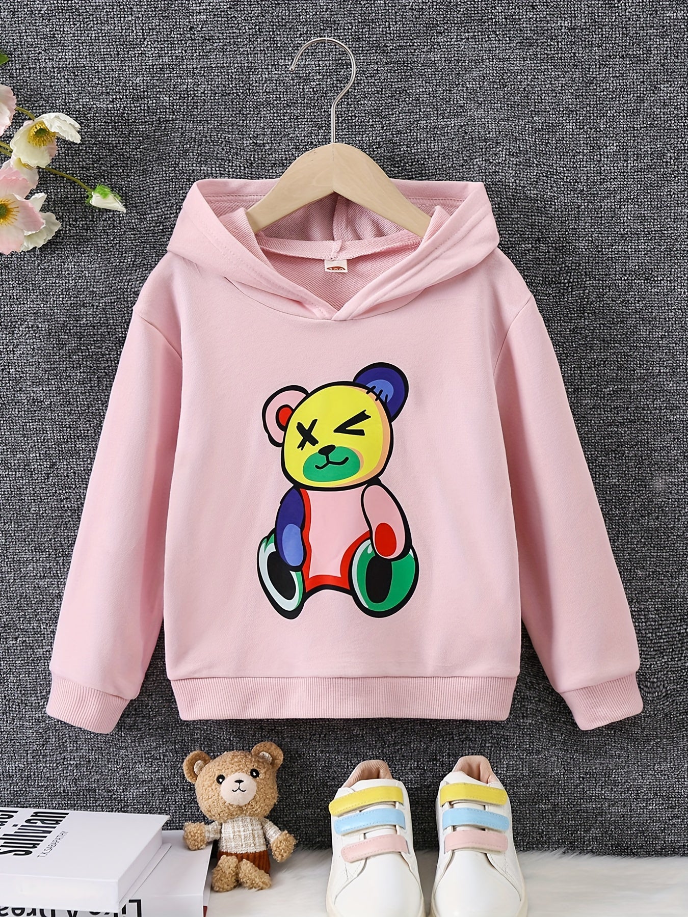 Girls Bear Print Hooded Sweatshirt Long Sleeve Pullover Casual Hoodie