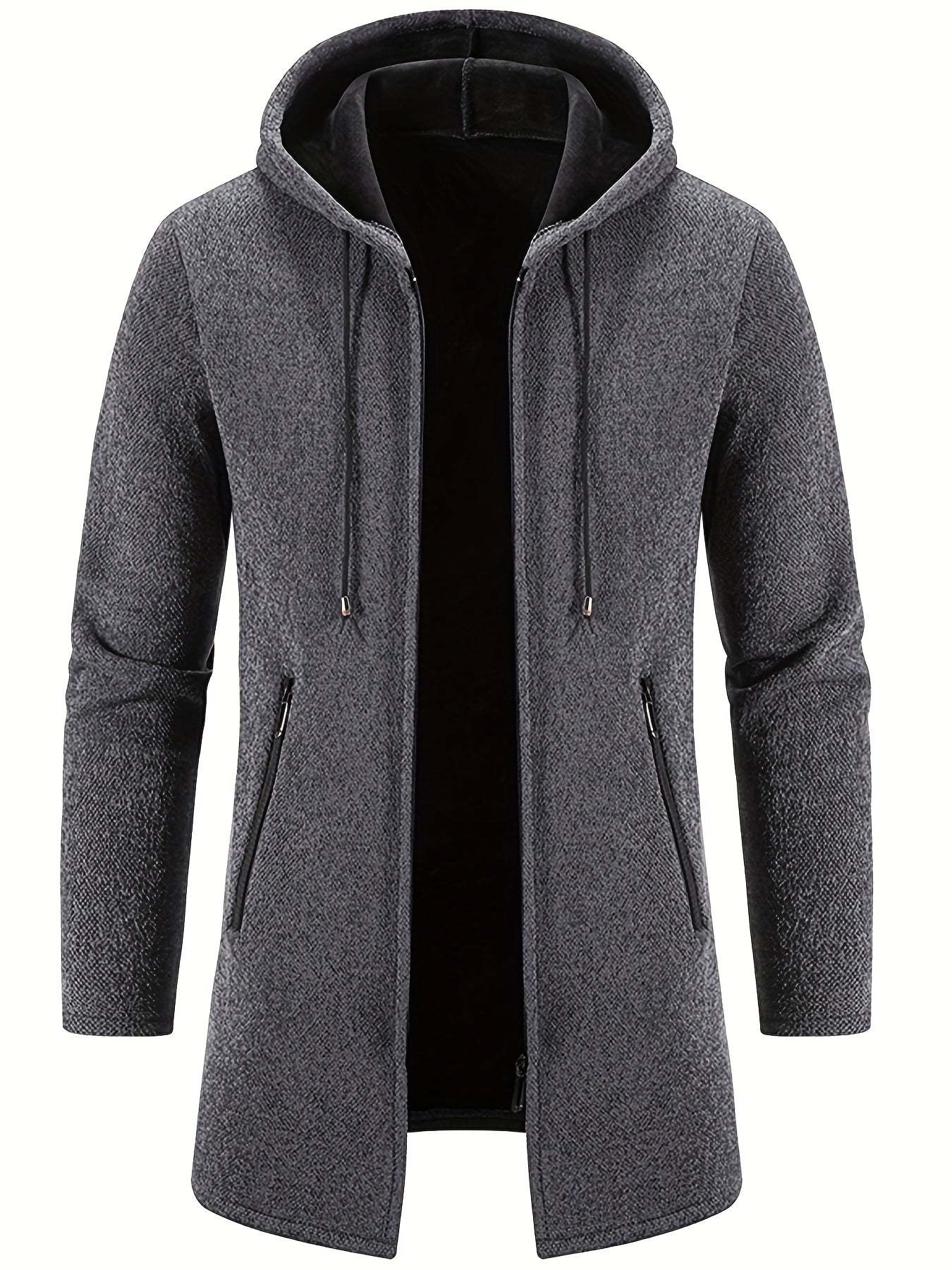 Men's Mid-Length Hooded Fleece Coat - Solid Zip-Up Cardigan