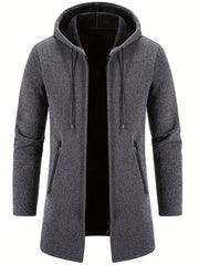 Men's Mid-Length Hooded Fleece Coat - Solid Zip-Up Cardigan
