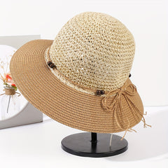 Crochet Straw Sun Hat Rope Bowknot Sunscreen Bucket Hat