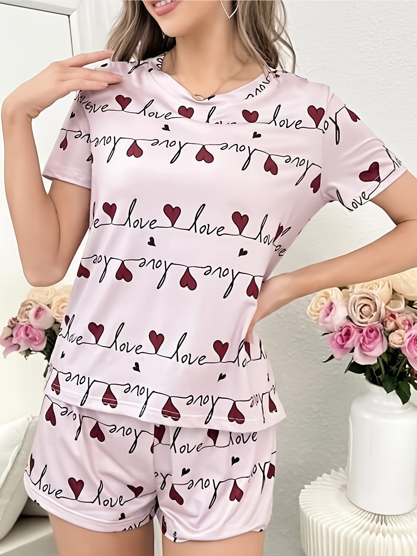 Heart Print Pajama Set Short Sleeve Top & Shorts Women's Sleepwear