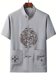 Men's Dragon Print Frog Button Chinese Style Shirt