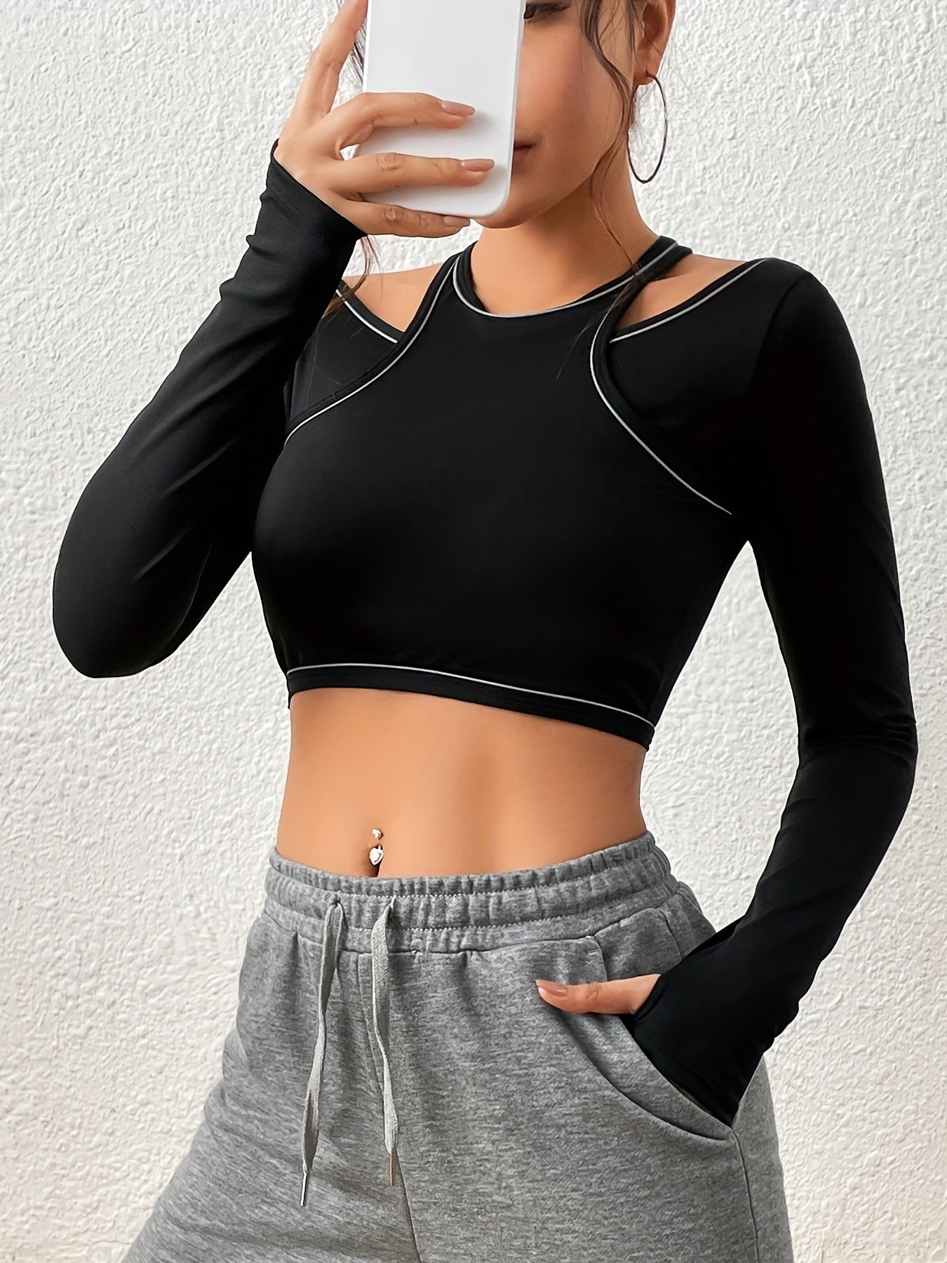 Stretchy Crop Top Long Sleeve Thumb Holes T-shirt