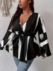Brush Print Flared Sleeve V Neck Peplum Shirt Top