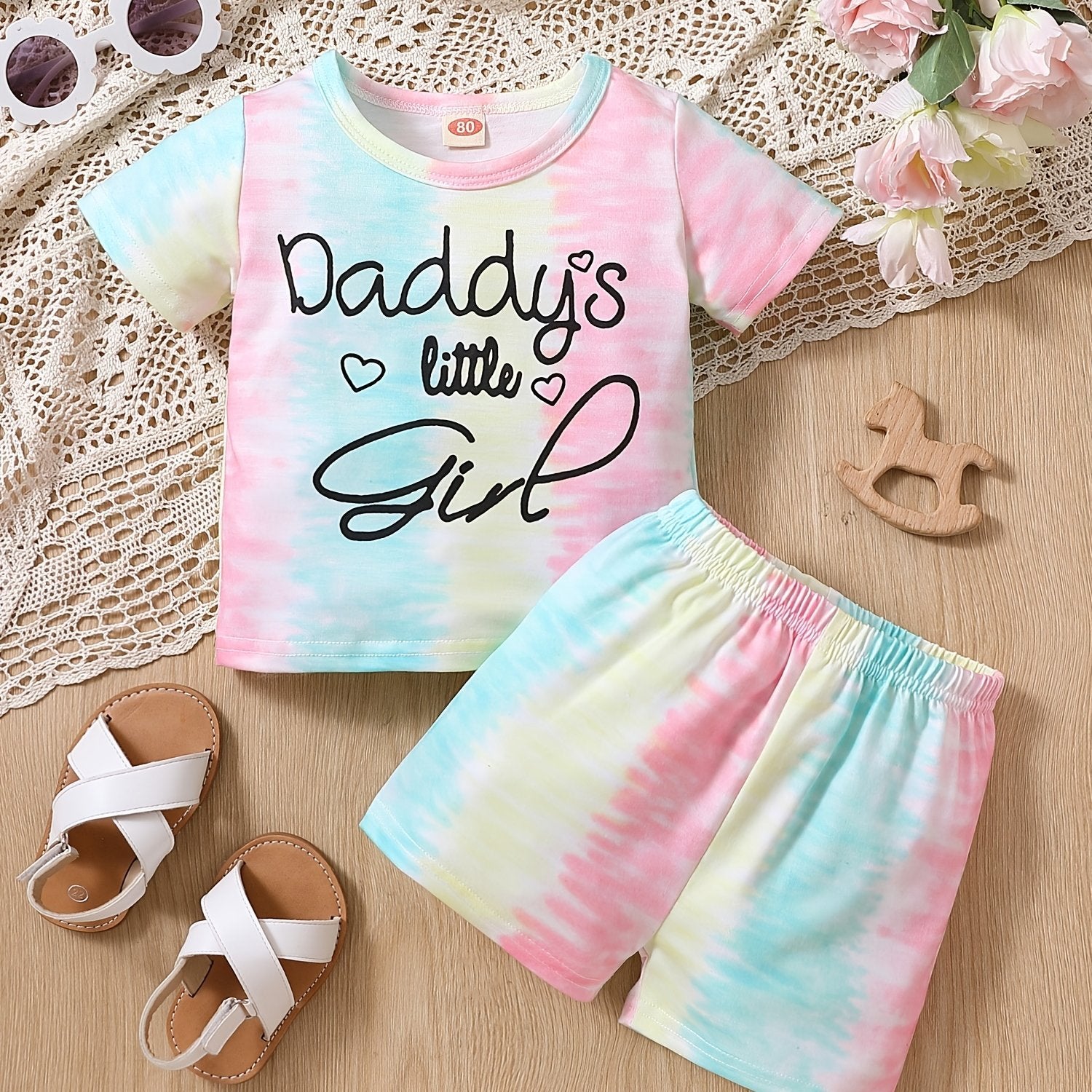 2pc Toddler Girls Tie Dye T-Shirts Heart/Letter Graphic Round Neck Shorts Set