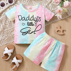 2pc Toddler Girls Tie Dye T-Shirts Heart/Letter Graphic Round Neck Shorts Set