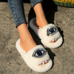 Women's Rhinestone & Eyes Decor Plush Slippers