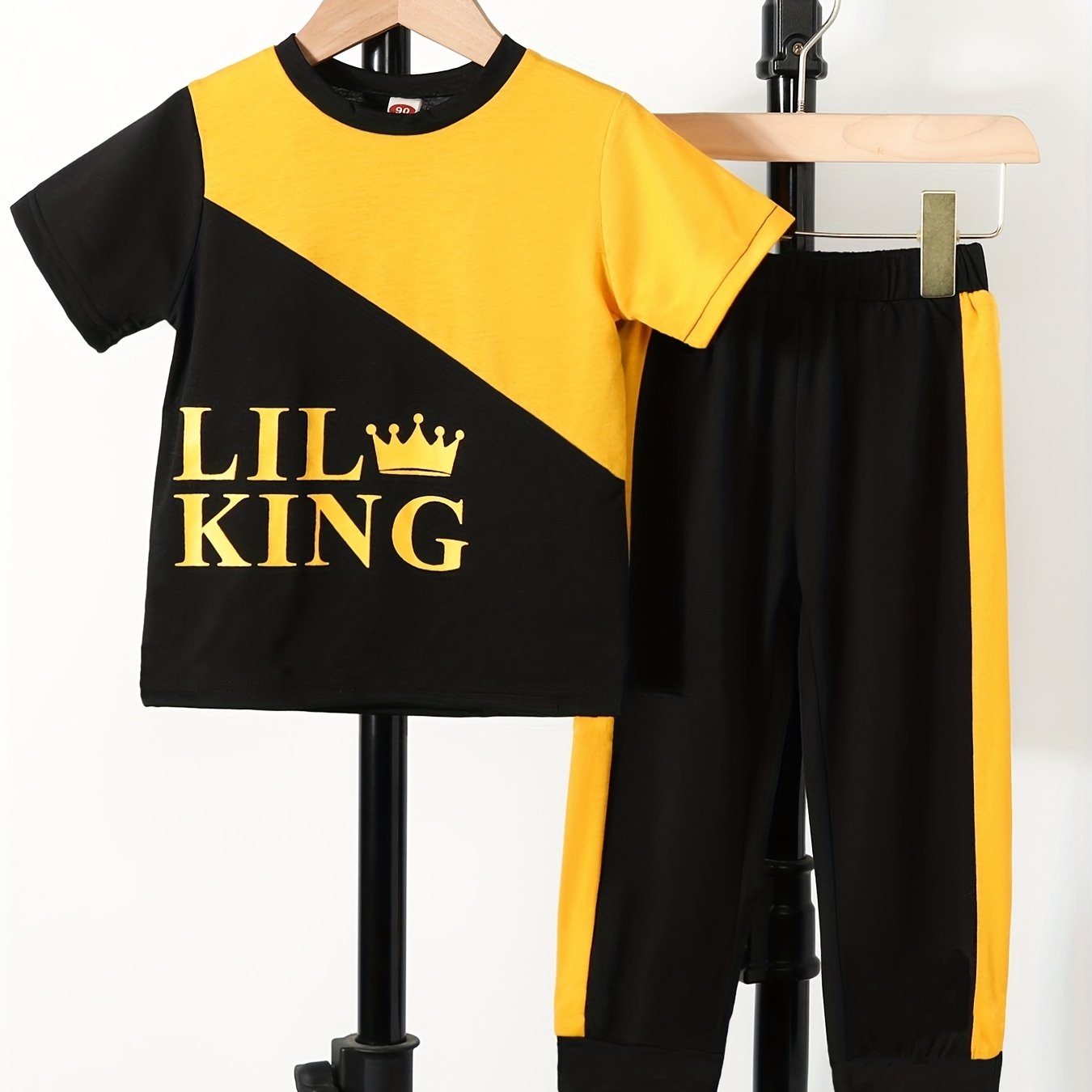 Boys King Crown Print Block Casual Outfit T shirt & Pants Set