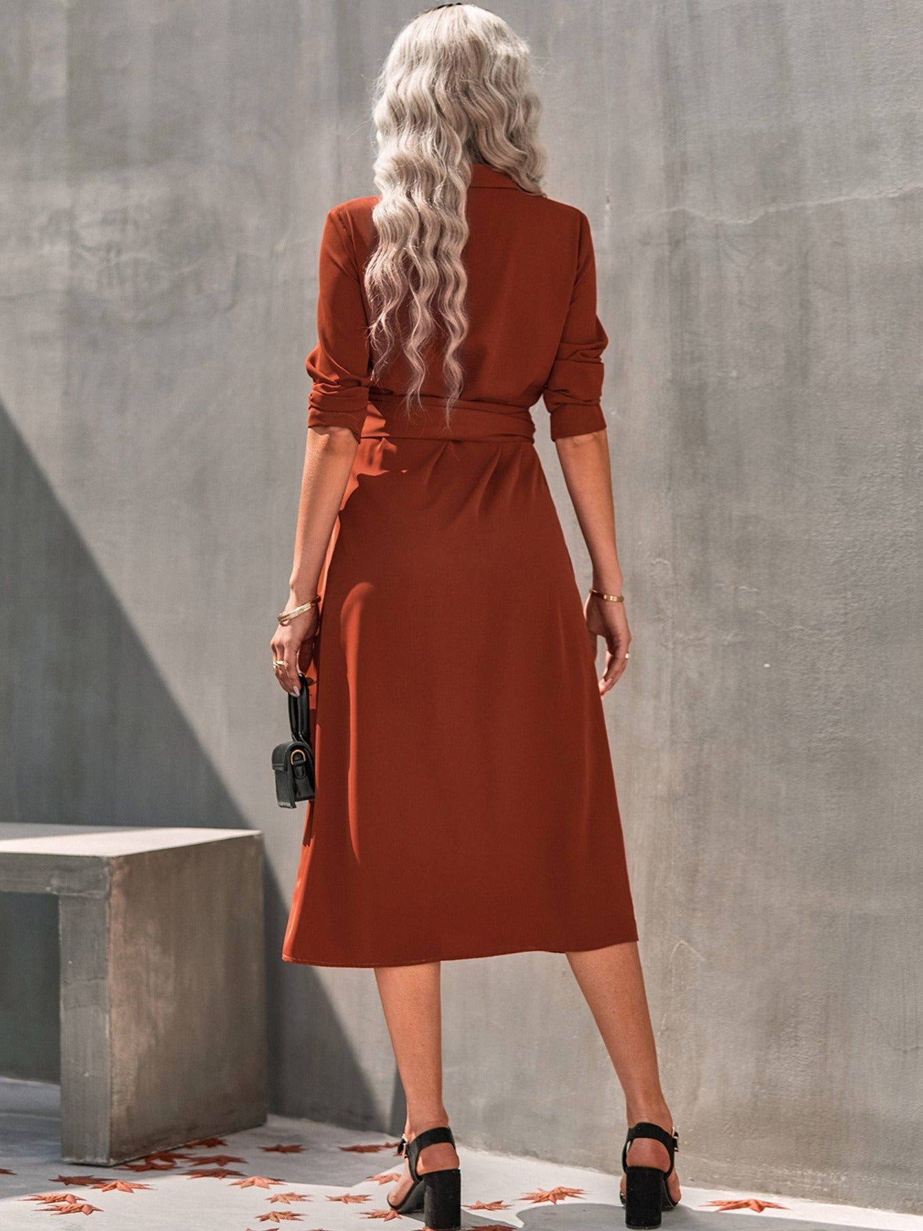 Women's Button Casual Slim Dress with Waist Tie