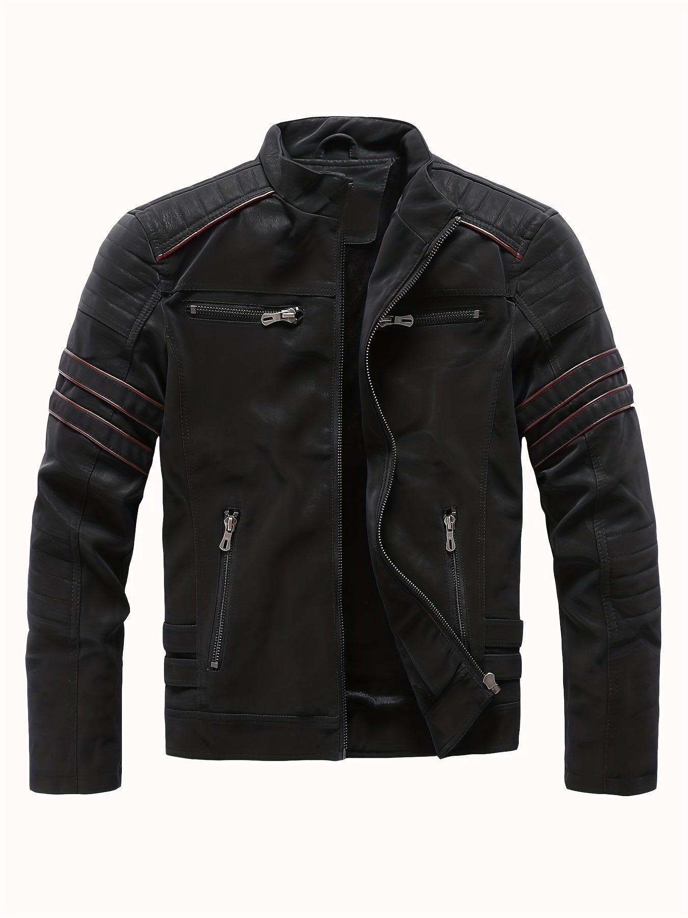 Men's Fleece Biker Jacket PU Leather Zip Up Stand Collar