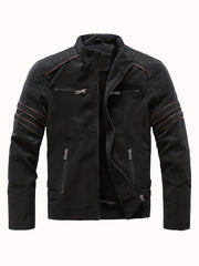 Men's Fleece Biker Jacket PU Leather Zip Up Stand Collar