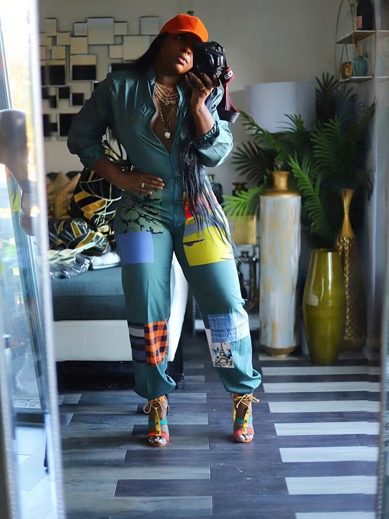 Colorblock Long Sleeve Mock Neck Jumpsuit