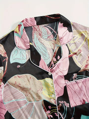 Floral Print Pajama Set Short Sleeve Buttons Top & Elastic Waistband Shorts