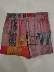 Hippie Patchwork Smocked Shorts Ruffle Trim Beach Wear