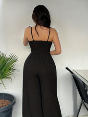 Scallop Trim V Neck Wide Leg Jumpsuit Sexy Spaghetti Strap Jumpsuit