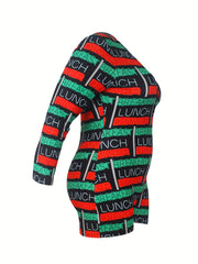 Letter Striped Long Sleeve Button Pajama Romper
