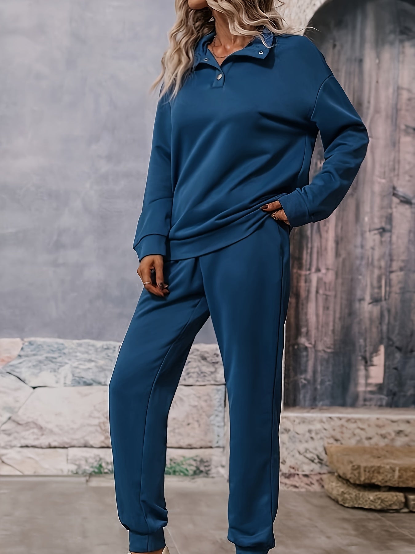 Solid Long Sleeve Lapel Collar Pullover & Joggers Set