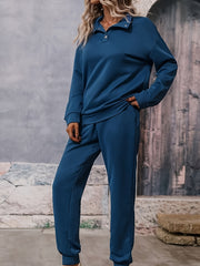 Solid Long Sleeve Lapel Collar Pullover & Joggers Set