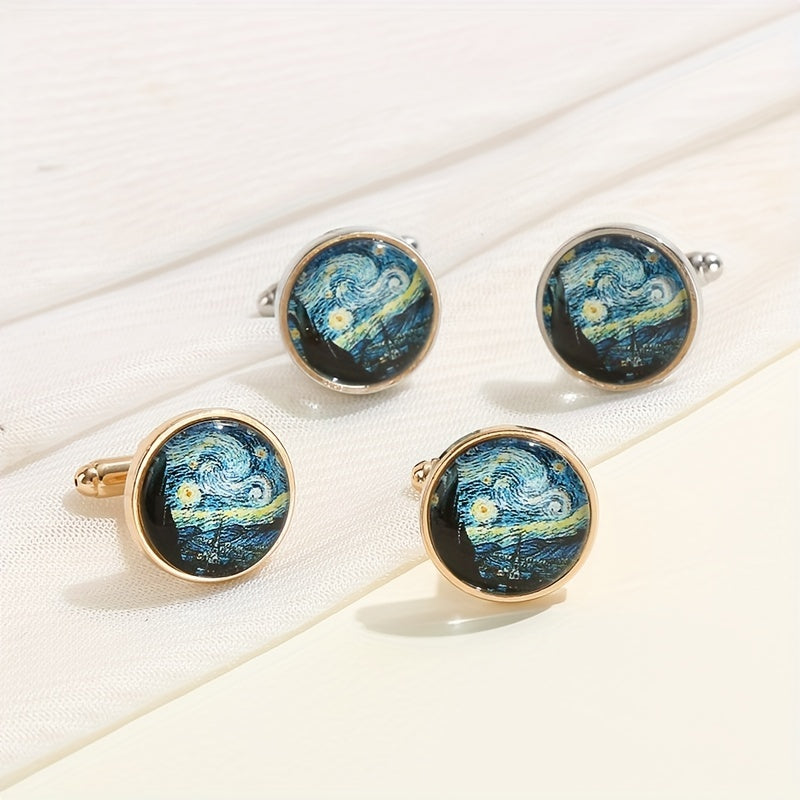 2pcs Starry Night Gemstone Men's Cufflinks Retro Metal Cufflinks