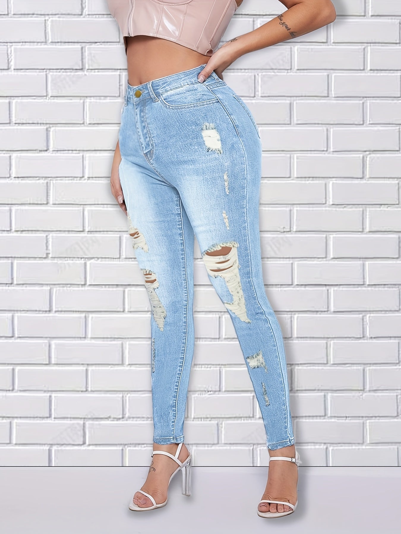 Mid Rise Skinny Jeans Distressed Denim Pants Women's Denim Jeans