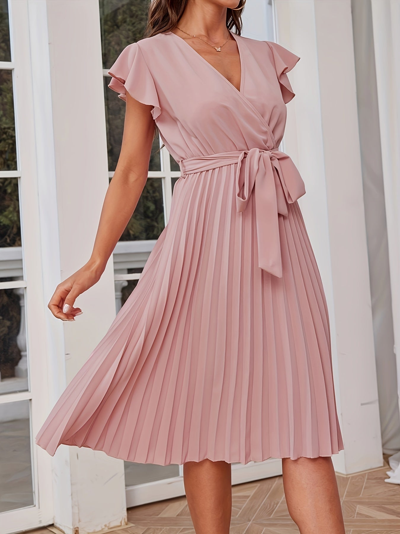 Surplice Neck Pleated Dress Solid Ruffle Trim Party Dress