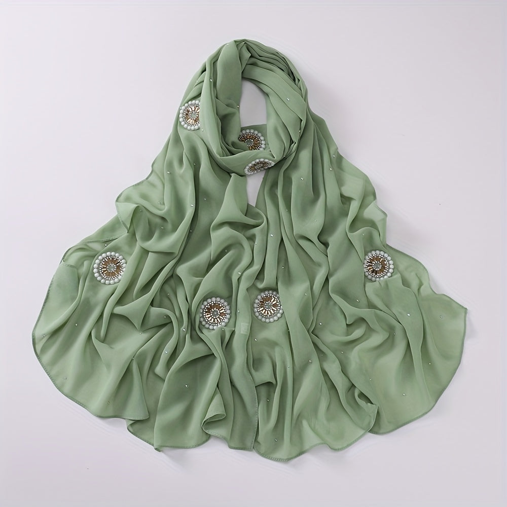 Chiffon Hijab Rhinestone Faux Pearl Decor Scarf Solid Shawl