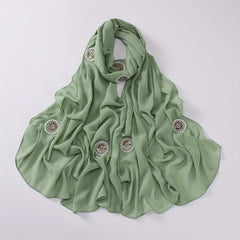 Chiffon Hijab Rhinestone Faux Pearl Decor Scarf Solid Shawl