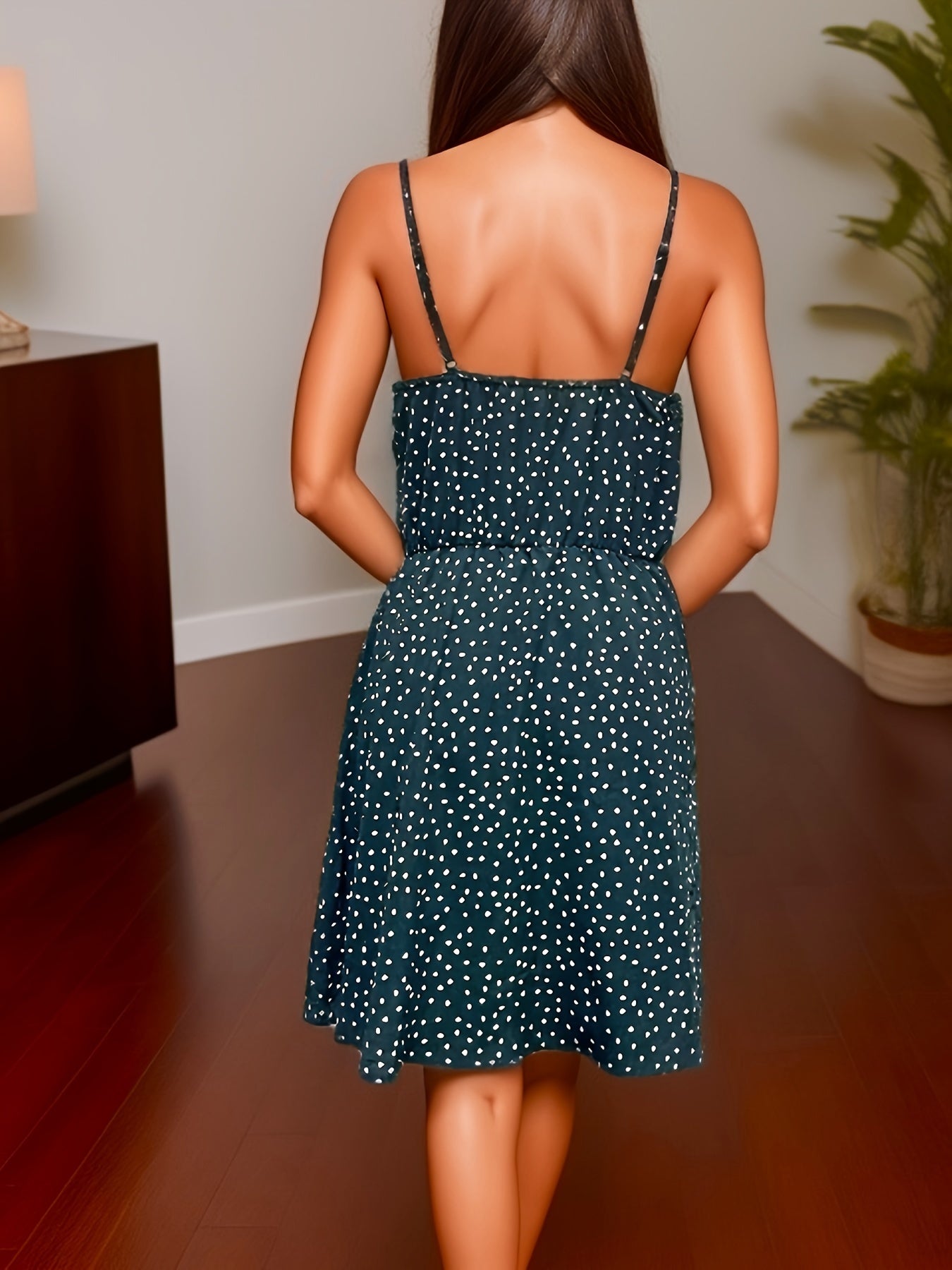 Pin Dot Print Cami Dress V Neck Sleeveless Slim Waist Dress