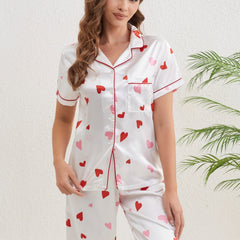 Heart Print Pajama Set Short Sleeve Buttons Top & Elastic Waistband Pants