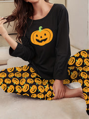 Pumpkin Print Pajama Set Long Sleeve Top & Pants Women's Sleepwear