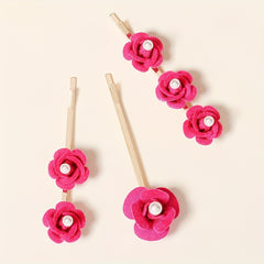 3pcs Faux Pearl Flower Bobby Pin Retro Rose Side Clip