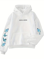 Butterfly & Letter Print Kangaroo Pocket Hoodie Women's Sweatshirt