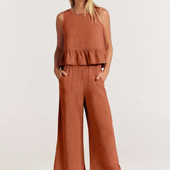 Plus Solid Button Decor Ruffle Trim Tank Top & Wide Leg Pants Set
