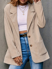 Solid Corduroy Blazer Long Sleeve Button Lapel Collar With Pockets