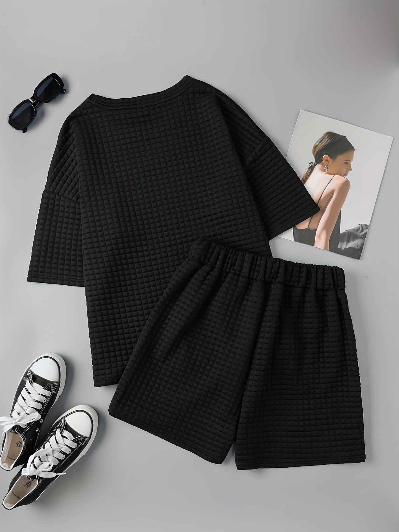 Waffle Casual Two piece Set T shirt & Shorts Women's Clothing