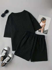 Waffle Casual Two piece Set T shirt & Shorts Women's Clothing