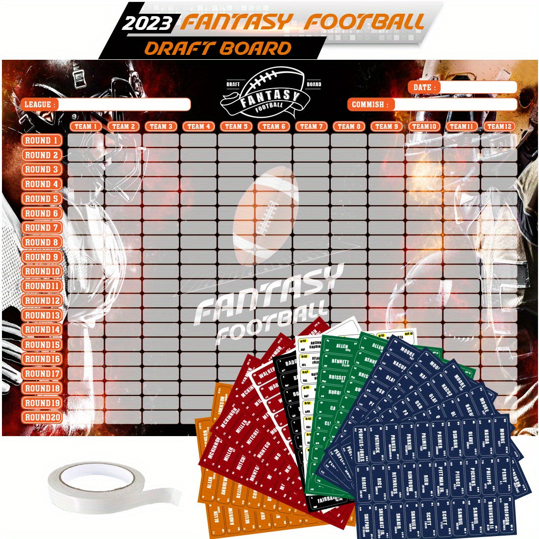 Fantasy Football Draft Board Season Kit 12 Teams 20 Rounds & 450 Stickers