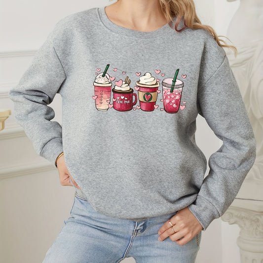 Cartoon Coffee Cup Print Pullover Sweatshirt