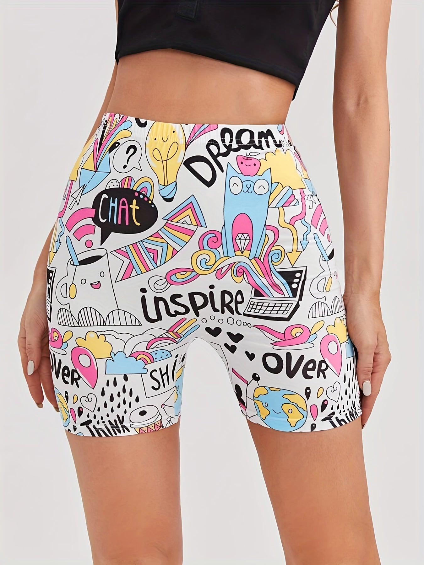 Cartoon Print Skinny Bike Shorts High Waist Summer Sports Casual Shorts