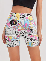 Cartoon Print Skinny Bike Shorts High Waist Summer Sports Casual Shorts