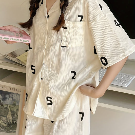 Number Print Lounge Set Top & Shorts Women's Loungewear