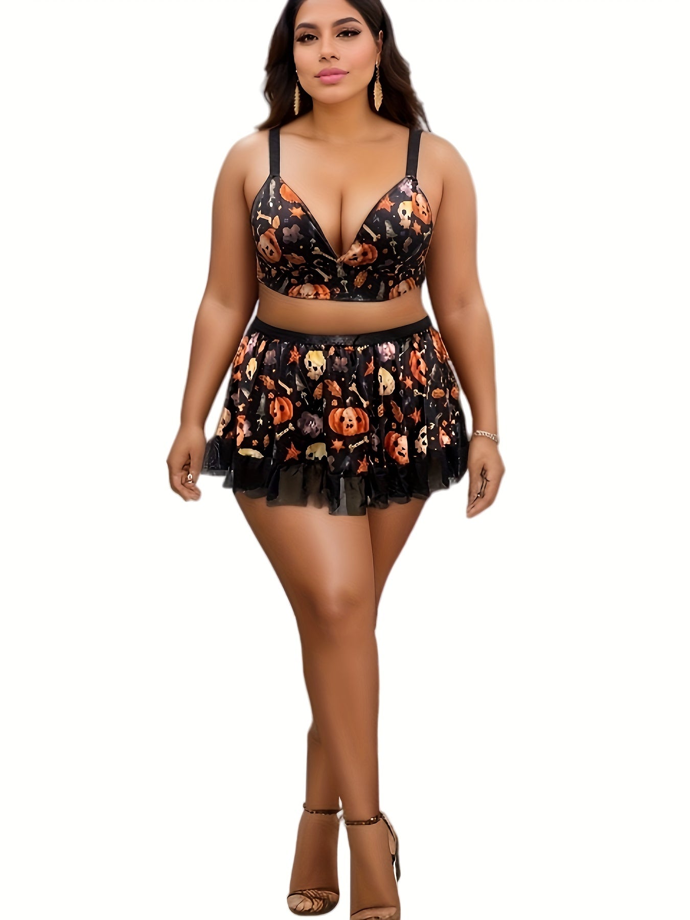Skull & Pumpkin Print Lace Trim Bra & Skirt Set Halloween Costume