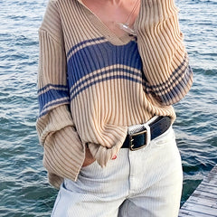 Preppy Sweater Women's Plus Striped Pattern Long Sleeve Polo Neck