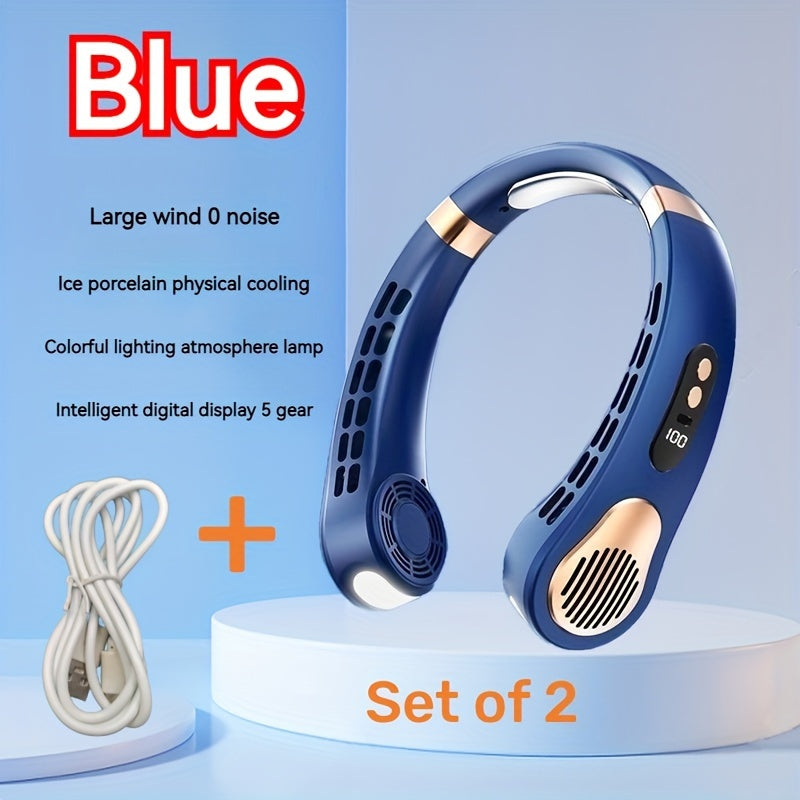 2-in-1 Neck Fan Leafless Air Cooler Fast Charging 5 Gears LED Display