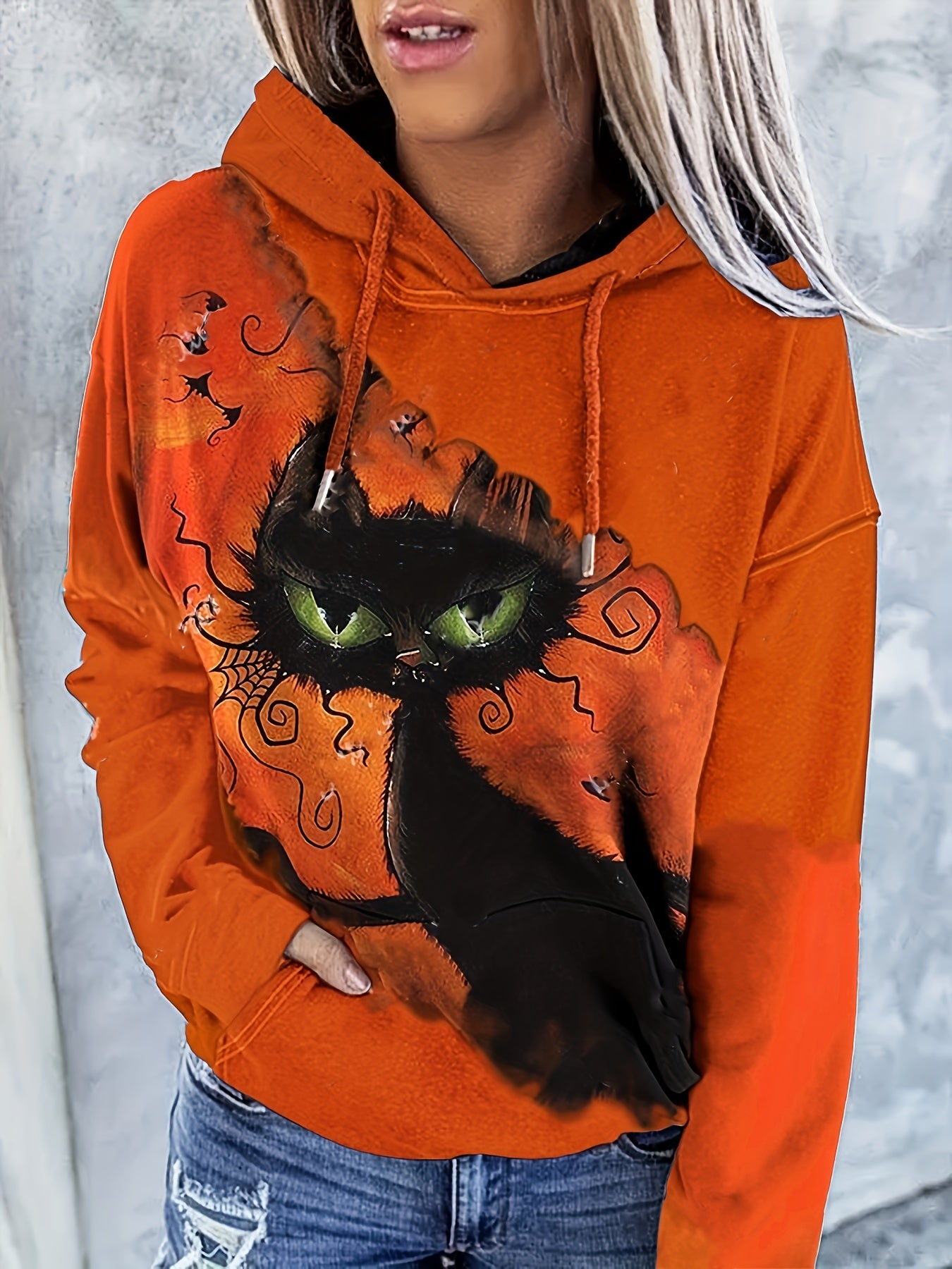 Halloween Cat Print Kangaroo Pocket Hoodie Women's Sweatshirt