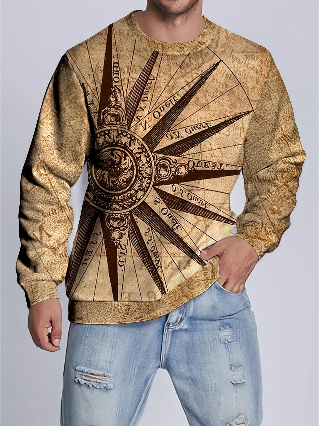 Retro Sailing Print Sweatshirt Men's Casual Graphic Pullover Sweatshirt