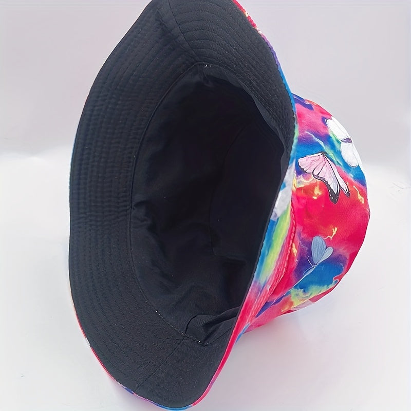 Colorful Butterfly Print Bucket Hat Rose Red Tie Dye Sunscreen Fisherman Cap